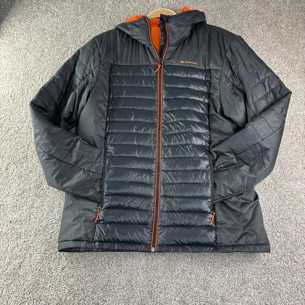 Quechua Decathalon Size L Gray Orange Hooded Insulated Puffer Jacket Gorpcore